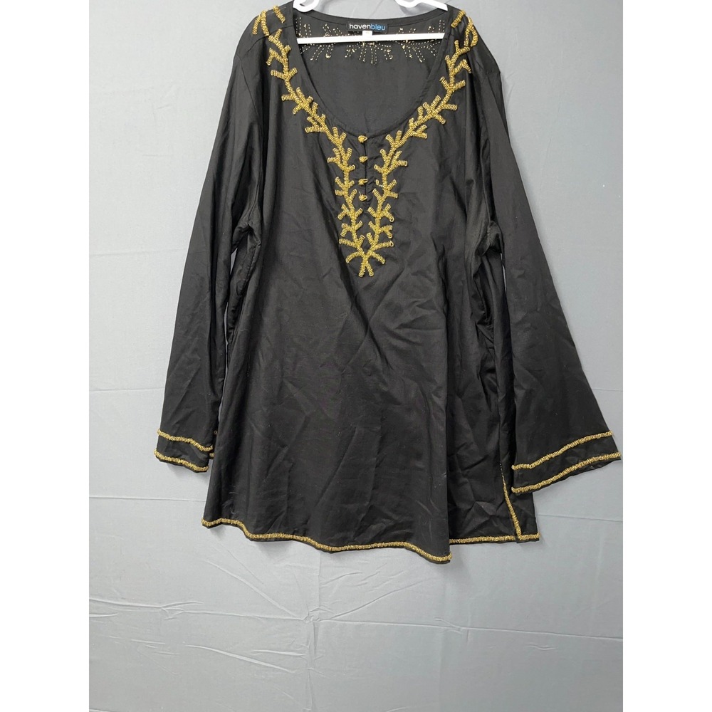 Havenbleu Blouse Top Womens XL Black Cotton‎ Beaded Detail Scoop Neck Casual